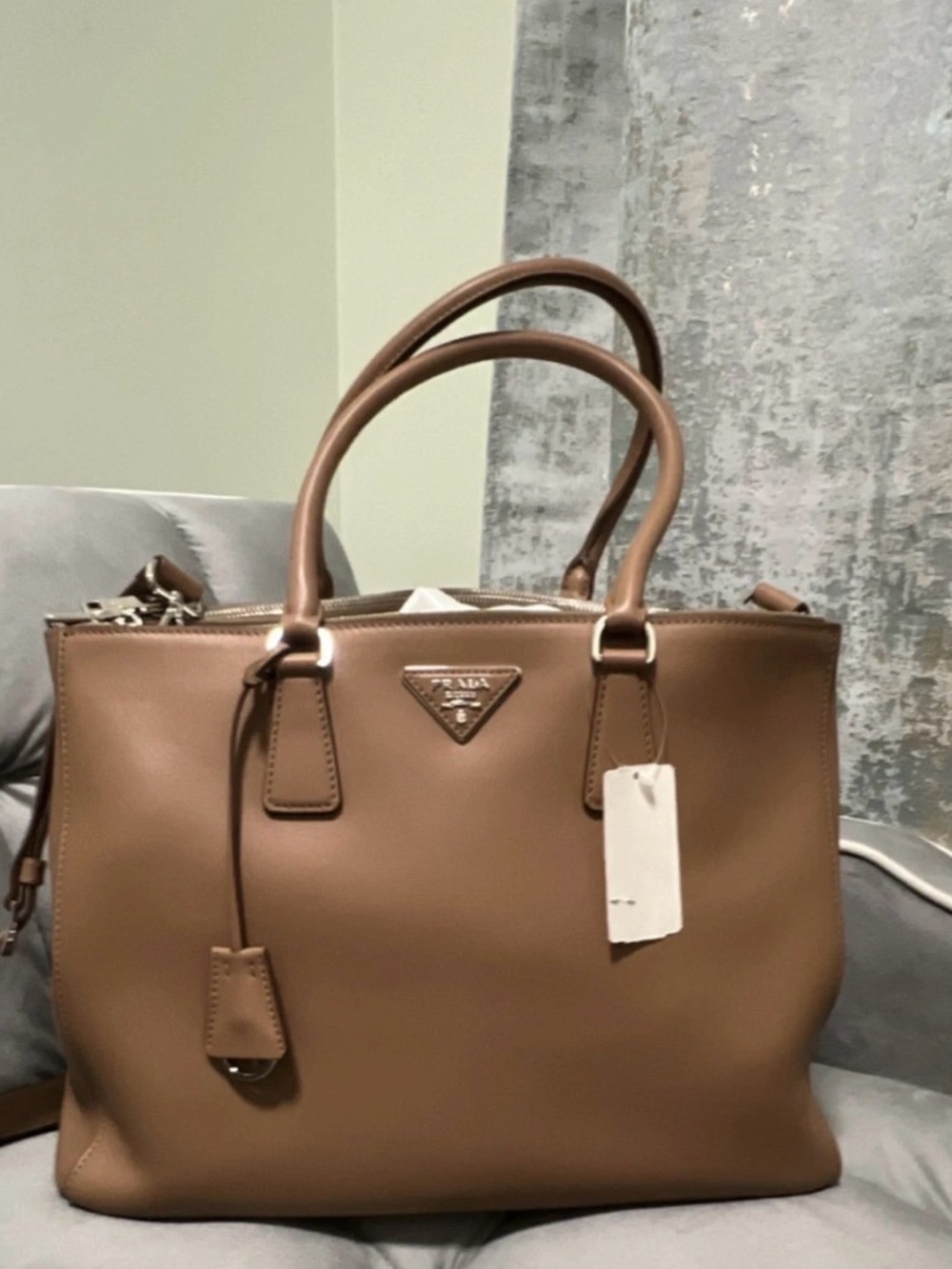 Prada Tan Leather Triangle Logo Tote